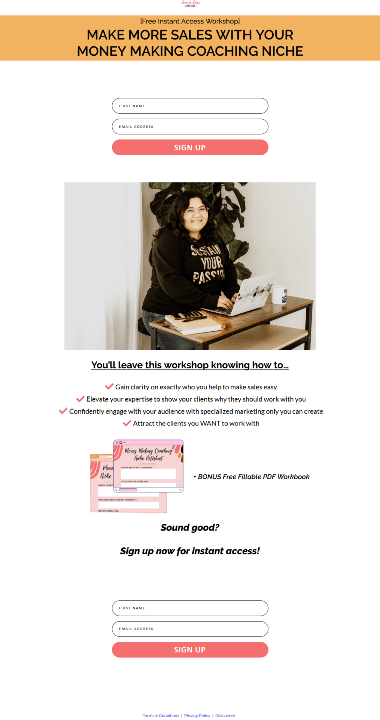An image of my highest converting landing page "Make More Sales With Your Money Making Coaching Niche" showing all of the key elements